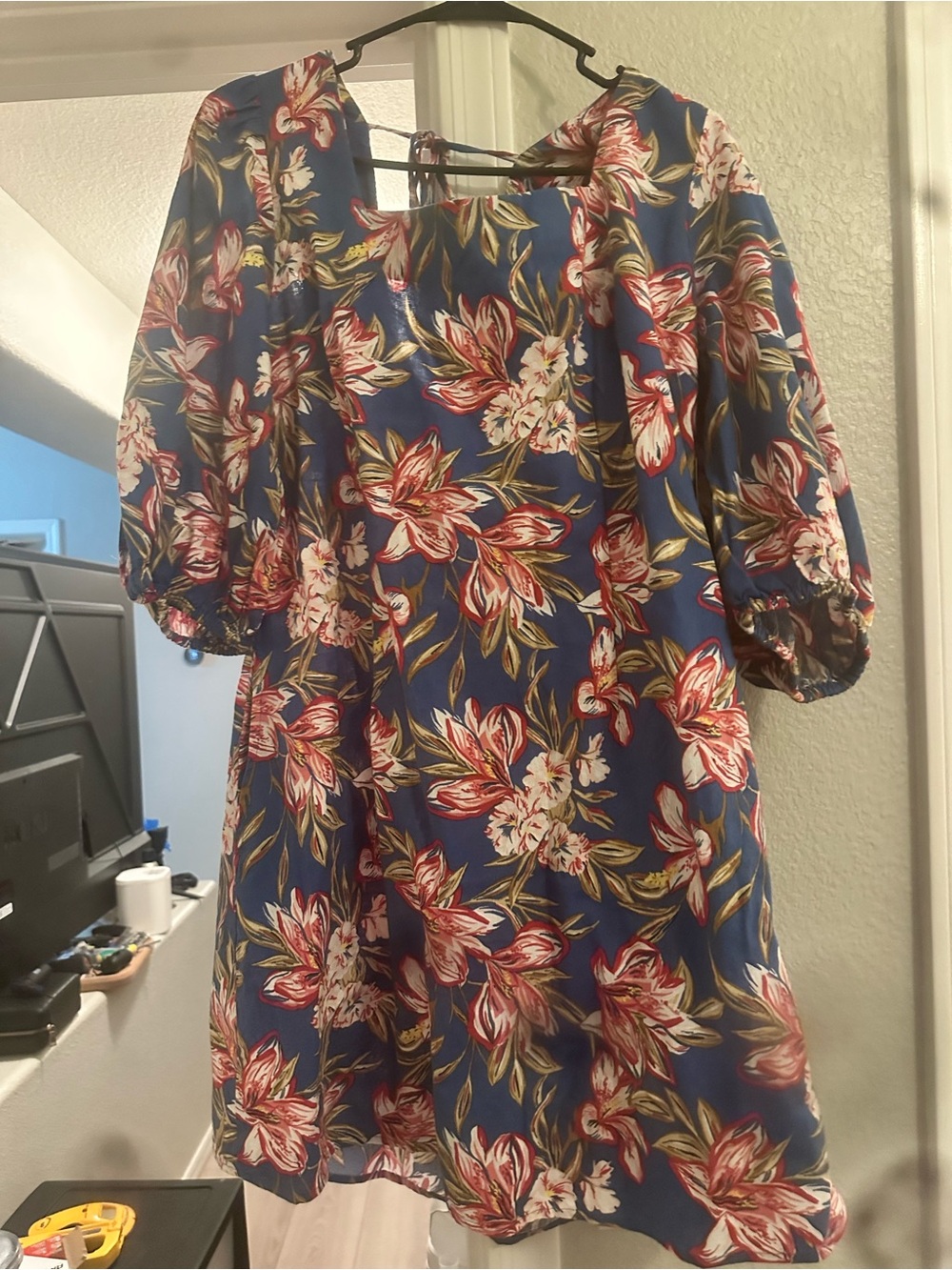 Target Blue Floral Midi Dress with Red & Cream Blooms